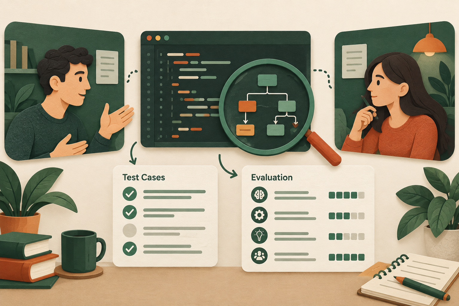 Developer interview illustration showing a code review, test cases, and a structured evaluation.